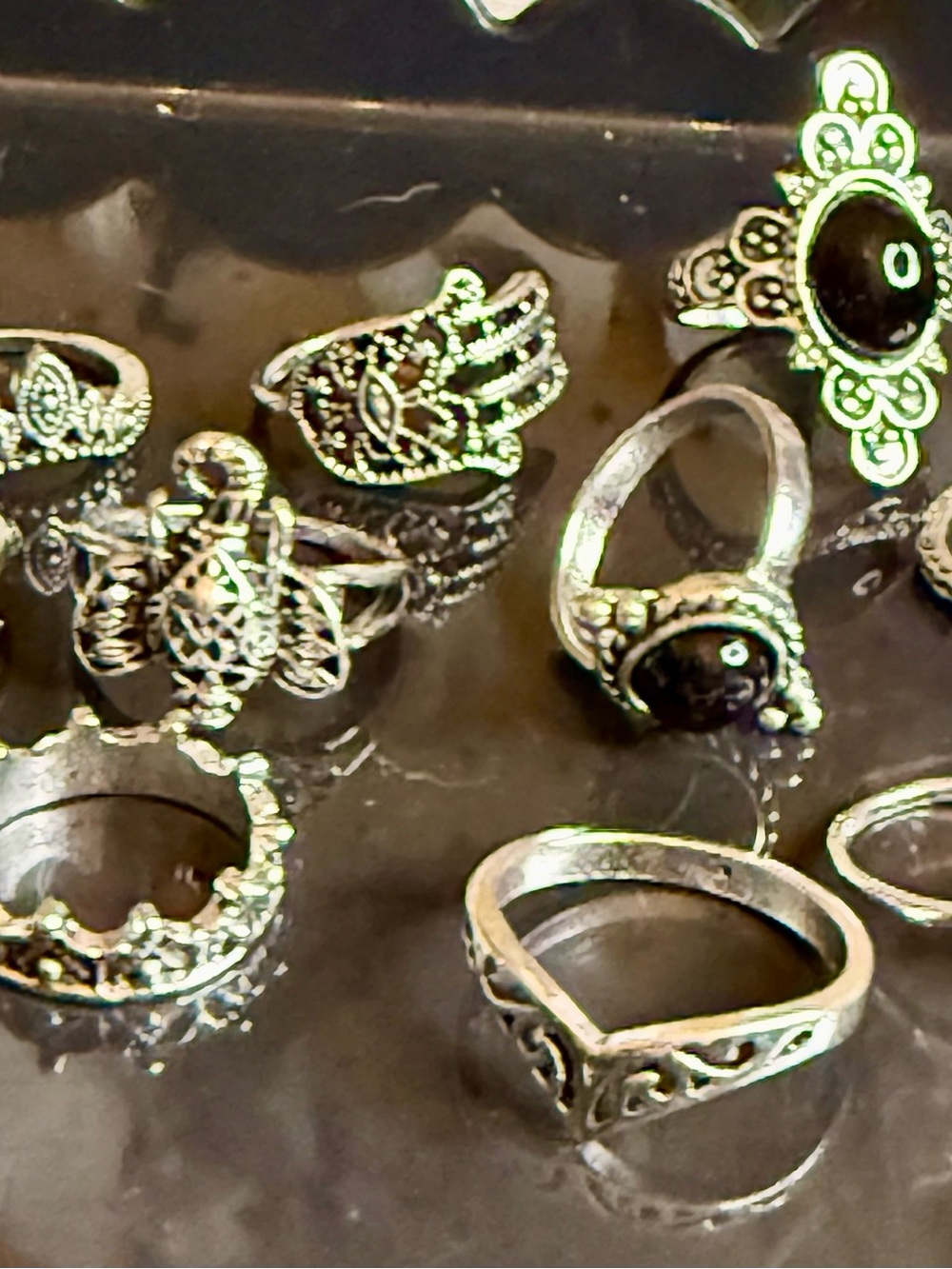 Set of 10 Knuckle Bohemian Silver-Tone Stackable Rings Set - Black Stone Accents